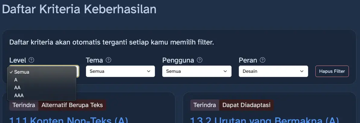 Fitur filter dengan 4 opsi: level WCAG, Tema, Pengguna, dan Peran