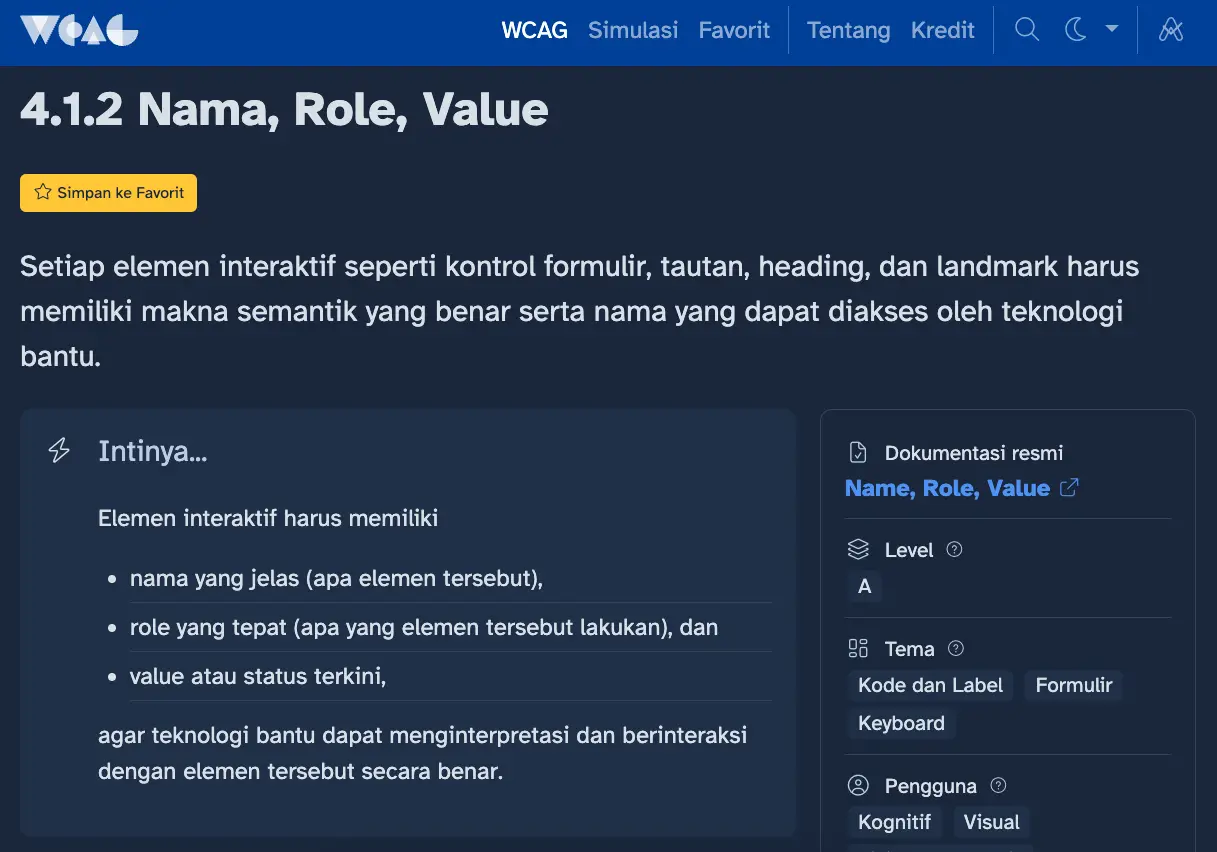 Satu section bernama 'Intinya...' yang merangkum secara singkat Kriteria yang sedang dibuka